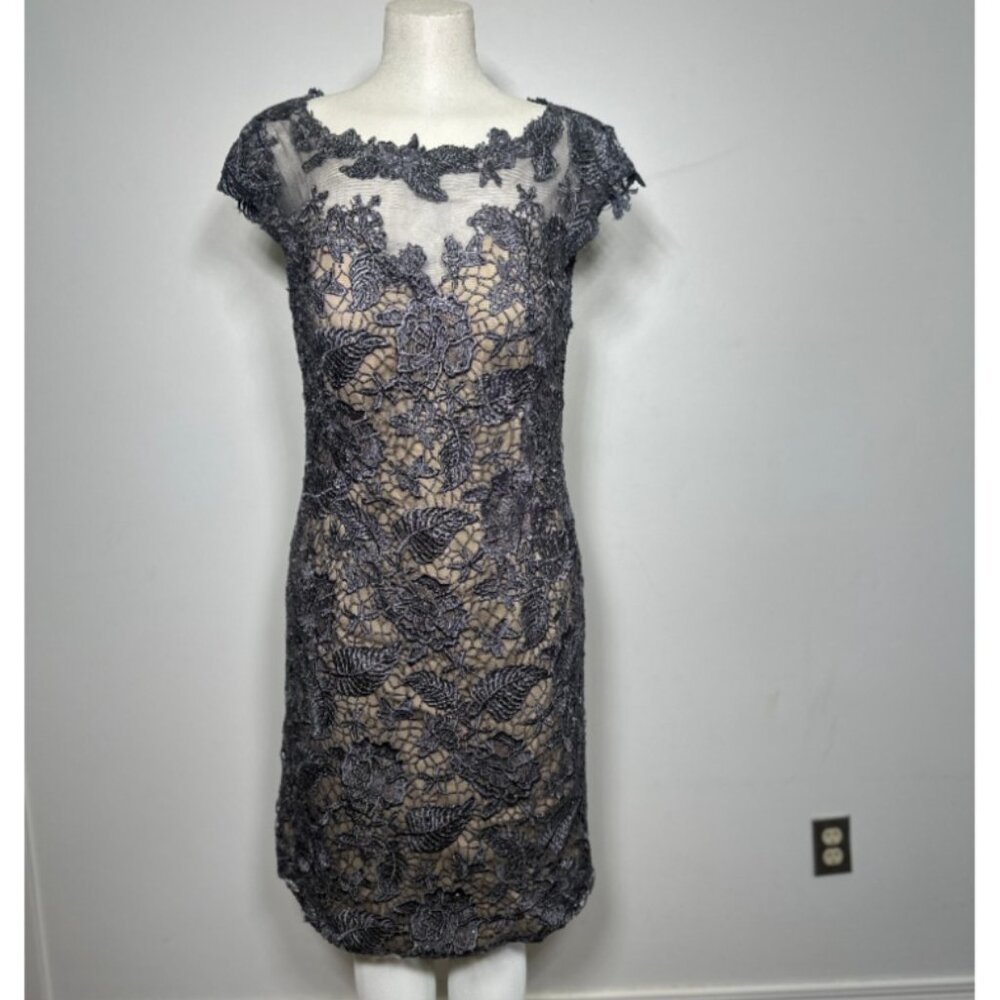 Lace Cap Sleeve Dress, Platinum/Nude (Size 16)